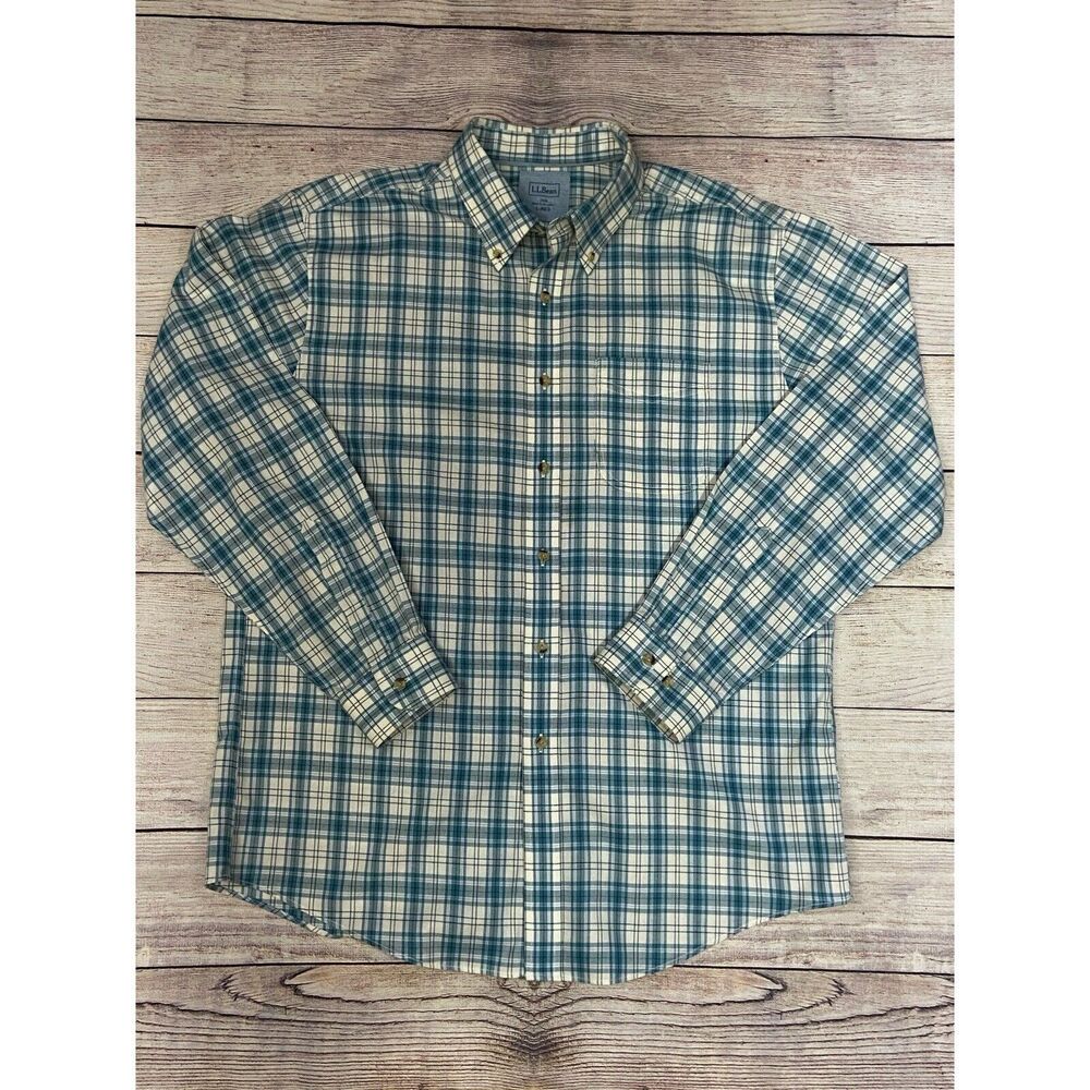 Mens LL Bean Large-Regular Trim Fit Blue Plaid Button Down Long Sleeve Shirt
